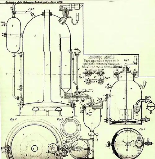 Patent of Angelo Moriondo for a steam powered coffee machine